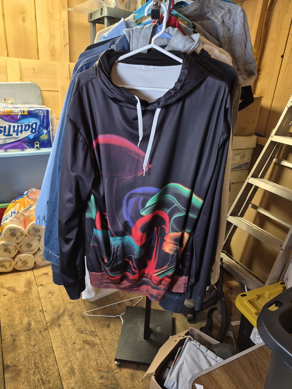 Fever Men's Black Hoodie with Neon Abstract Waves Bin 42